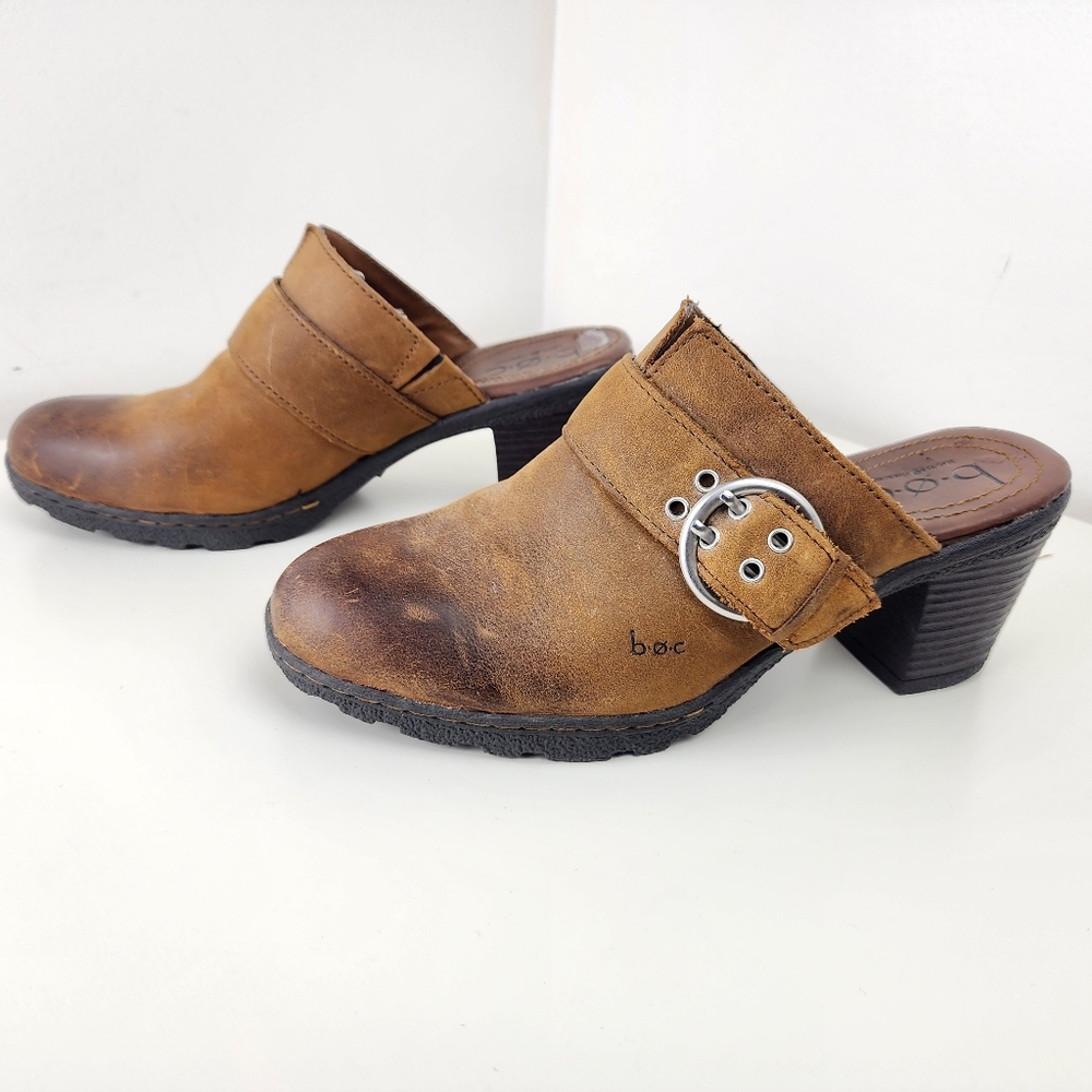 BOC Brown Leather Slip On Comfy Clogs Mules Block Heels Womens 8 M Work Casual